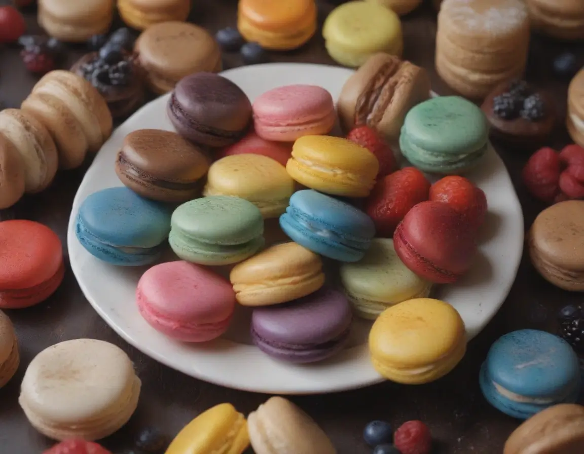 Colorful macarons served on a ceramic plate